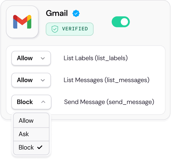 Gmail MCP server marked verified with per-tool Allow, Allow and Block policy controls